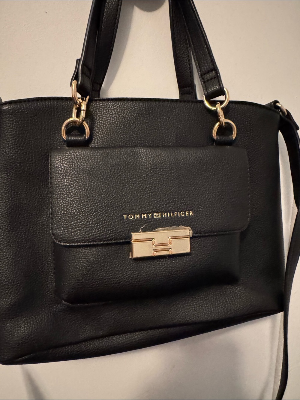 Tommy Hilfiger Black Pebbled Shoulder Tote with Front Flap Pocket